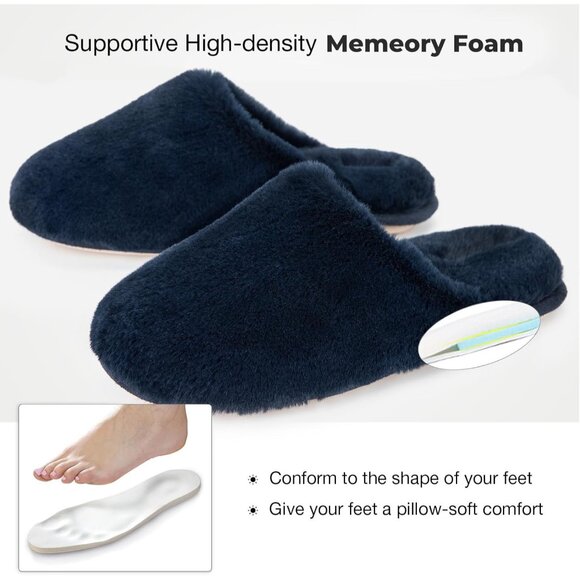 ⚡Women's Blue Fuzzy Scuff Slippers Soft Comfy Memory Foam Non Slip House Shoes - Picture 5 of 6